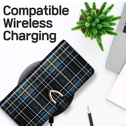 Qoosan Galaxy Note 20 Wallet Cover Case For Women, Card Holder Slots Cash Pockets Zipper Snap Button Closure Shockproof Premium Tpu Pu Leather Phone Flip Case With Wrist Strap, Plaid Blue #TOP3