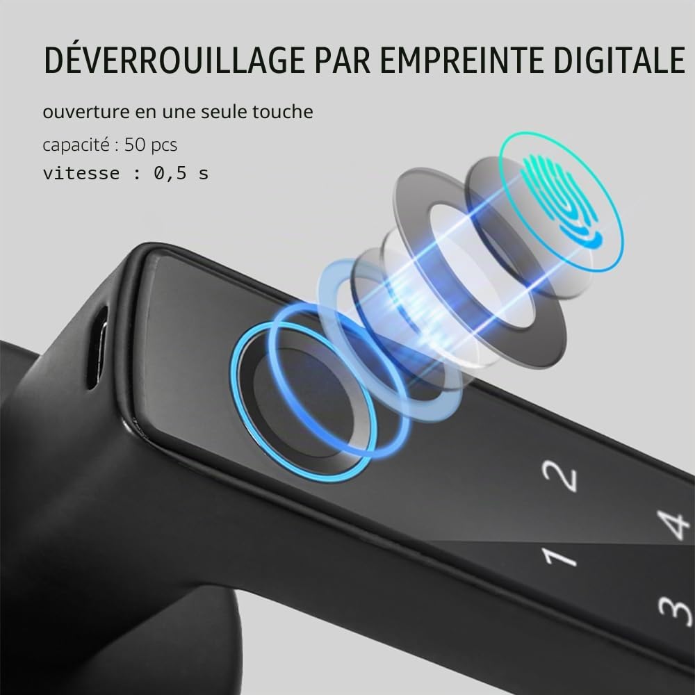 Serrure de porte intelligente 4 en 1 avec empreinte digitale, poignée, et 4 façons de déverrouiller