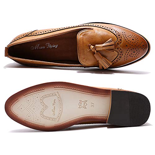 Image of Mona flying Women's Leather Tassel Loafers Slip on Brogue Flat Office Shoes