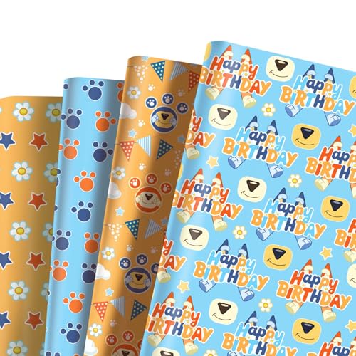 BOTSROOM Happy Birthday Wrapping Paper 12 Sheets Blue Orange Dog Gift Wrap Paper for Kids Boys Girls Birthday Party Baby Showers Holiday Greeting | 19.727.6 inch