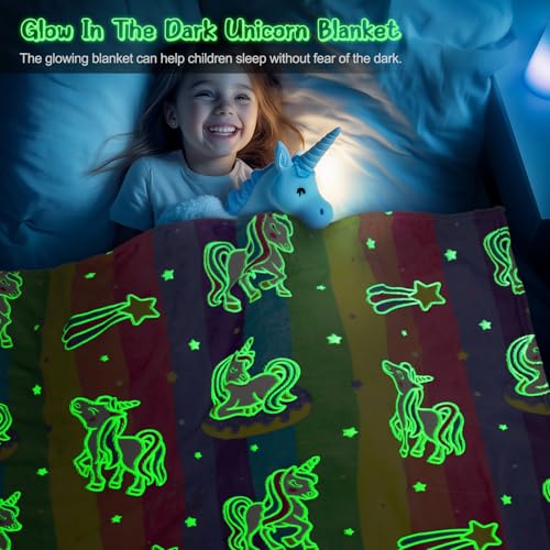 Image of Unicorn Gifts Toys for Girls Kids - Glow in The Dark Rainbow Blanket Best Christmas Birthday Valentines Easter Decor Present for Age 1-14 Years Old Teens Child Toddler Daughter Soft Cozy Throw 50 inchx60 inch
