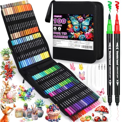 Purpledi Feutres Coloriage Adulte, 100 Couleurs Aquamarker Feutre Set, Feutre Double Pointe Aquarelle Enfant Pour Dessin, Marqueur Acrylique Pour Dessin, Croquis, Livre de Coloriage