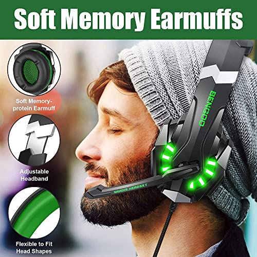 Image of BENGOO G9000 Stereo Gaming Headset for PS4 PC Xbox One PS5 Controller, Noise Cancelling Over Ear Headphones with Mic, LED Light, Bass Surround, Soft Memory Earmuffs for Laptop Mac - Green