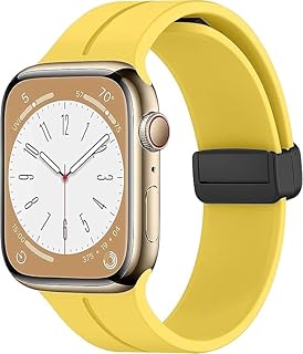 سوار رياضي مغناطيسي من السيليكون متوافق مع ساعة آبل الترا والترا 2 وسلسلة 9/8، سوار معصم قابل للتعديل مقاس 49 ملم و45 ملم و44 ملم، لون أصفر