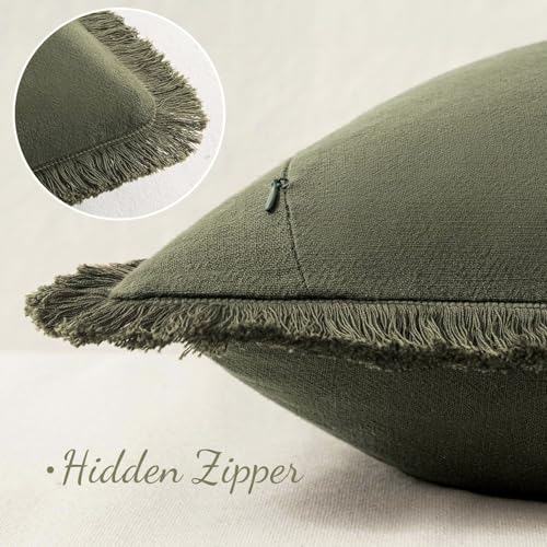 Image of MIULEE Decorative Lumbar Throw Pillow Covers Neutral Linen Fringe Throw Pillows Set of 2 Olive Green Boho Farmhouse Cushion Covers for Couch Sofa Bed Living Room Spring Home Decor 12x20 Inch