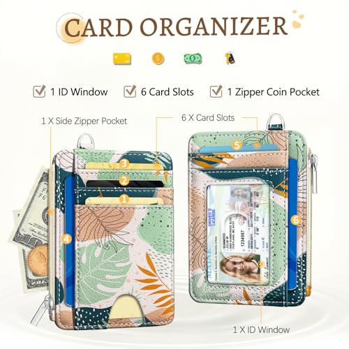 Image of Kelvoris Abstract Leaves Credit Card Holder Small Wallet Women, Slim RFID | Keychain, Zipper Coin Pocket, Front Pocket Thin Travel Card Case, Minimalist, 6 Card Slots, 1 ID Window, Ladies Gifts Woman