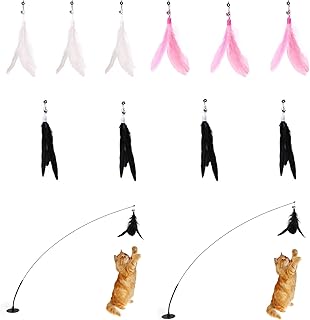 12PCS Cat Feather Toys,Cat Toys Wand,Interactive Cat Toy with Super Suction Cup,2 Poles +10 Replacement Heads,Interactive Cat Toy Kitten Toys for Indoor Play Chase Exercise