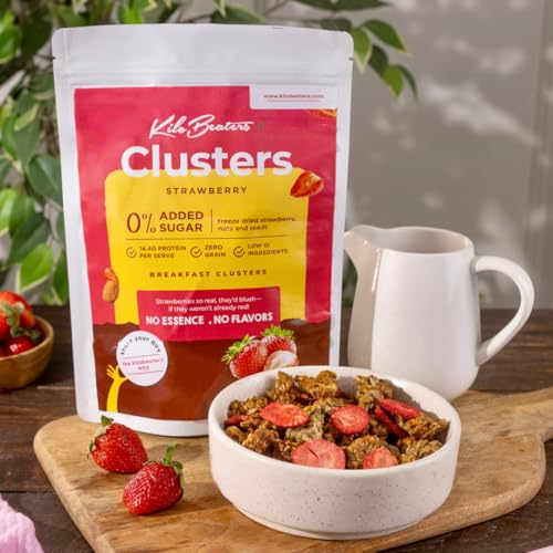 Image of Kilobeaters Clusters Muesli 400gm(Strawberry, Pack of 1) | 14.4g Protein Per Serve | Low Carb Breakfast Cereal for Nutrition | Whey isolate, Nuts & Seeds | 0%Added Sugar | Healthy Breakfast for Adults