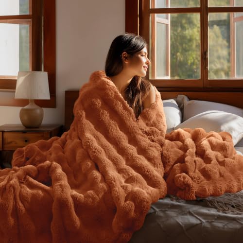 Image of BEDELITE Faux Fur Throw Bubble Blanket for Couch, 50 inch x 60 inch, Burnt Orange