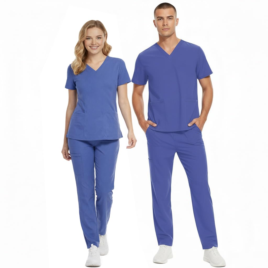 Conjunto de Pijama Quirúrgico de Manga Corta Unisex Top con Cuello en V y 2 Bolsillos Pantalón Recto con Cintura Ajustable Uniforme Médico DK86