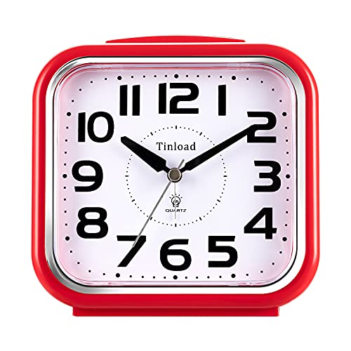 Leiser analoger Wecker, 14 cm, kein Ticken, sanftes Aufwachen, Pieptöne, erhöhte Lautstärke, batteriebetriebene Schlummer- und Lichtfunktionen, einfache Einstellung, rot (ideal für ältere Menschen)