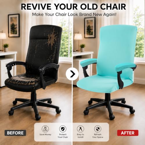 Image of Stretch Computer Office Chair Cover with Armrest Covers Durable Zipper Universal Washable Removable Spandex Rotating Boss Chair Slipcovers Anti-dust Soft Desk Chair Seat Protector, Tifanny Blue