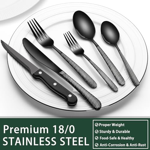Image of EWFEN 24-Piece Black Silverware Set with Steak Knives, Black Flatware Set for 4, Food-Grade Stainless Steel Tableware Cutlery Set, Mirror Finished Utensil Sets for Home Restaurant, Round Hammered
