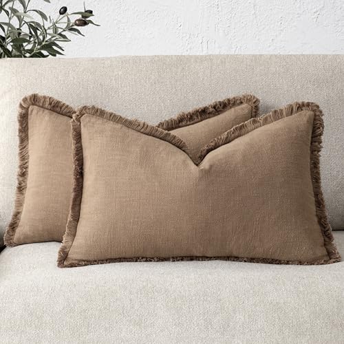 Image of Foindtower Set of 2 Decorative Linen Fringe Lumbar Throw Pillow Covers Boho Farmhouse Cushion Cover with Tassels Soft Accent Pillowcase for Couch Sofa Bed Living Room Home Decor,12x20Inch,Khaki Brown