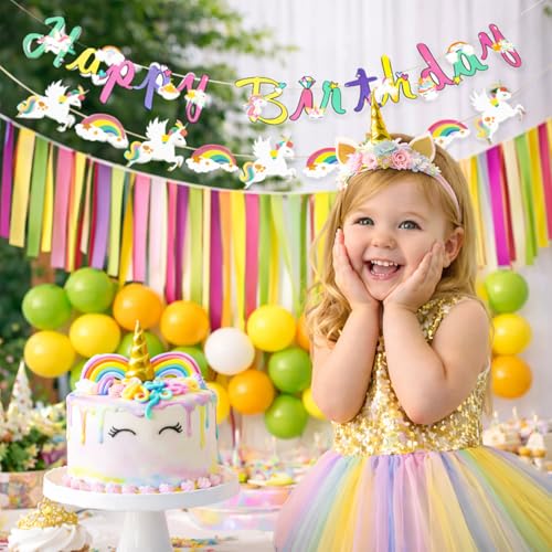 Image of Rozi Decoration Unicorn Theme Birthday Decoration Kit with Happy Birthday Banner, Rainbow Cutouts, Crepe Streamers and Latex Balloons for Girls Party Celebration Pack of 38 Pcs