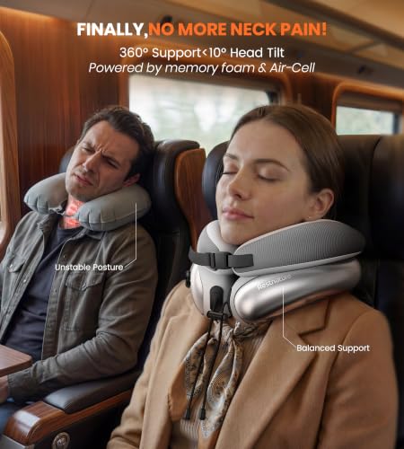 Image of Neck Pillow for Traveling, Travel Pillows for Airplanes, Adjustable Neck Pillow Airplane Travel Essentials - 2 Layer Patented | Inflatable Air Loop & Memory Foam for 360 Ergonomic Support