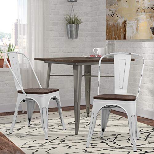 Image of Furmax Metal Dining Chairs with Wood Seat, Indoor-Outdoor Use Stackable Chic Dining Bistro Cafe Side Metal Chairs Set of 4(White)