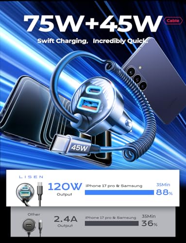 LISEN 90W Coiled Cable Car Charger