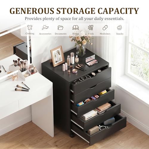Image of 5 Drawer Mobile File Cabinet Under Desk Storage Organization with Wheels Vertical Filing Chest Rolling Wood Small Desk Printer Stand for Home Office, Black