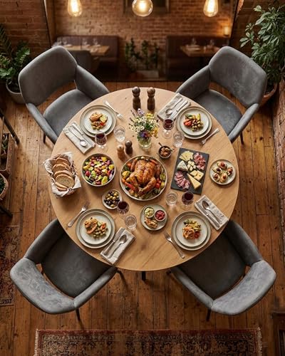 Amveya Ensemble Table Ronde 120cm Chêne et 4 Chaises Gris Foncé en Velours avec Accoudoirs, Pieds Métal Noir, Style Scandinave Contemporain pour Salle à Manger Salon