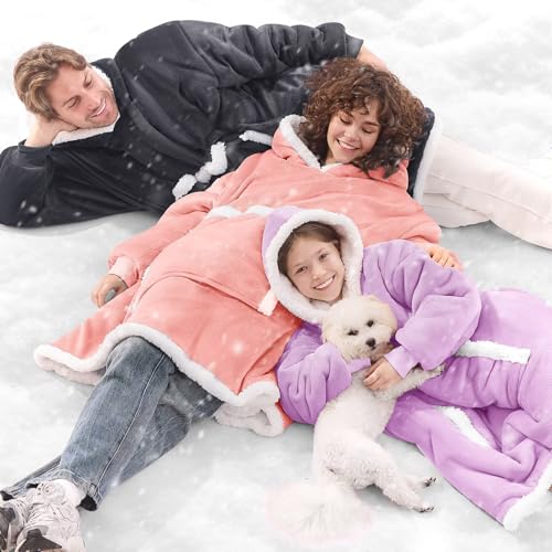 JOYWOO Pink Oversized Wearable Blanket Hoodie,Cat Lovers Long Hoodie Blanket for Adult,Birthday Gifts for Women Men Mom,Cozy Sherpa Sweatshirt Hooded Blanket Giant Pocket Gifts,Mellow Rose Oversize