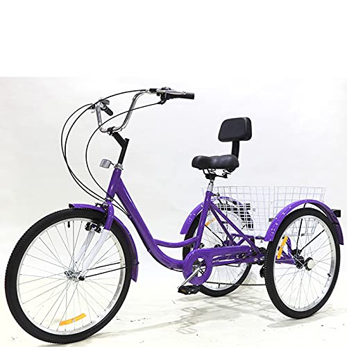 三輪自転車 大人用三輪車 24インチ クルーザーバイク 7速 3輪自転車 調節可能なハンドル&レバー ショッピングバスケット&シートバックレストバスケット付き サイクリング ペダリング