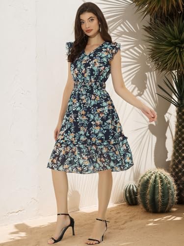 Image of Allegra K Women's Floral Dress Spring Summer V Neck Flutter Sleeve Ruffle Casual Smocked Knee Length Dresses