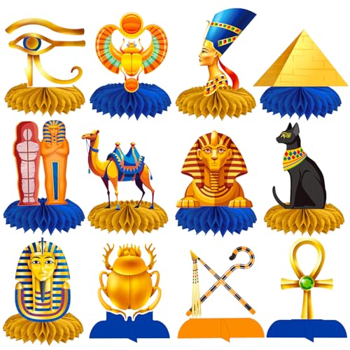 Image of Egyptian Honeycomb Centerpieces 12PCS Egypt Pyramid Party Decorations Ancient Egypt Theme Birthday Table Centerpieces Mummy and Sphinx Decor for Egyptian Party Supplies