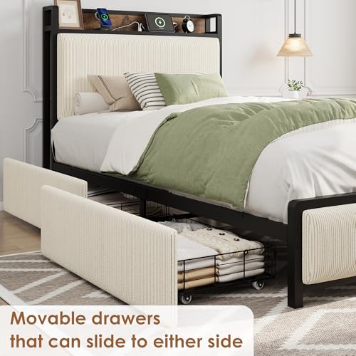 Image of GAOMON Twin Size Bed Frame with 2 Storage Drawers and Charging Station, Rustic Velvet Upholstered Platform Bedframe with Storage Headboard, No Box Spring Needed, Easy Assembly, Noise Free, Beige