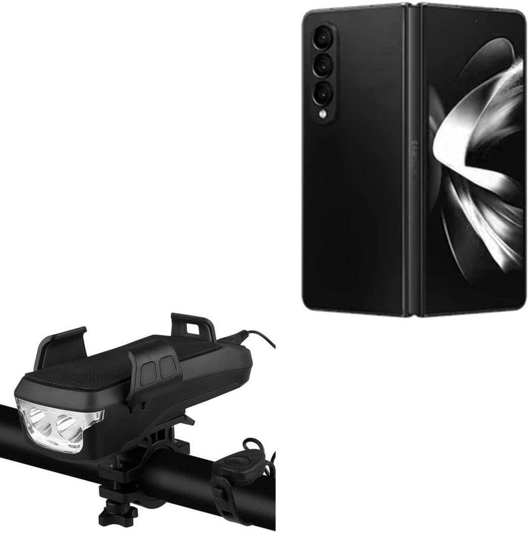 BoxWave Stand and Mount Compatible with Samsung Galaxy Z Fold 5 - Solar Rejuva Bike Mount (4000mAh), Bike Mount with Solar Power Bank, Lights, and Horn - Jet Black
