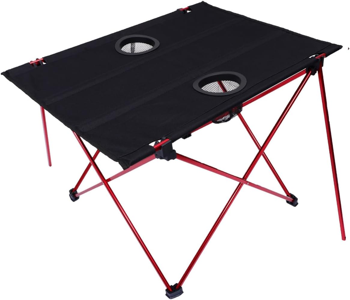 POPETPOP Aluminum Folding Camp Table Portable Lightweight Small Folding Camping Picnic Table Red with Carry Handle for Outdoor Beach and Hiking Use