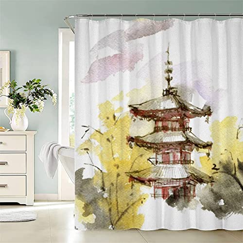 KIYAYO Duschvorhang 180x200 cm Japan Landschaftsmalerei Duschvorhang Anti-schimmel 3D Motiv Natürliche Landschaft Bad-duschvorhang Jugendstil Duschvorhänge Für Badezimmer Mit 12 Ringe