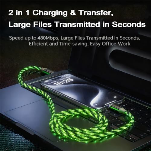 Image of AYI USB C to A Charging Cable 3.3ft, LED Glowing Starry Sky Light-Up Cord, PVC Tangle-Free Fast Charging Cable with Smart Chip, Data Transfer Sync Cord for USB-C Devices, Green.