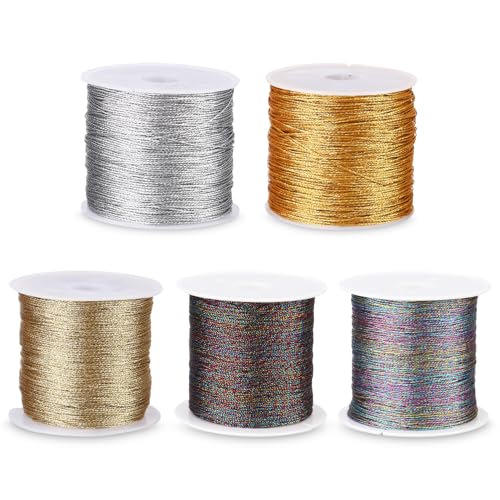 Zaxiva 5 Rollos Set de Hilos de Seda para Manualidades, 0.4 mm x 50 m per Rollo, Hilo Dorado para Crochet, Hilo para Hacer Pulseras, para Manualidades, Collar, Joyas y Envolver Regalos (5 Colores)