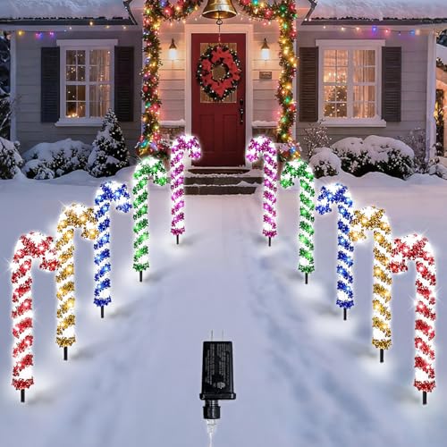 FANPROMS Upgraded Candy Cane Lights 10pcs Multicolor Tinsel Christmas Pathway Lights with 8 Lighting Modes Waterproof Candy Cane Outdoor Lights for Christmas Walkway Patio Yard Lawn Garden Decorations