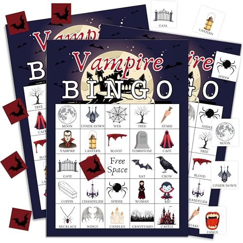 Vampire Bingo Game Fun Halloween Party Game Cards For Adults 24 Players Horror Activities For Family Friends Large Scary Family Party Supplies Favor Decor (003)