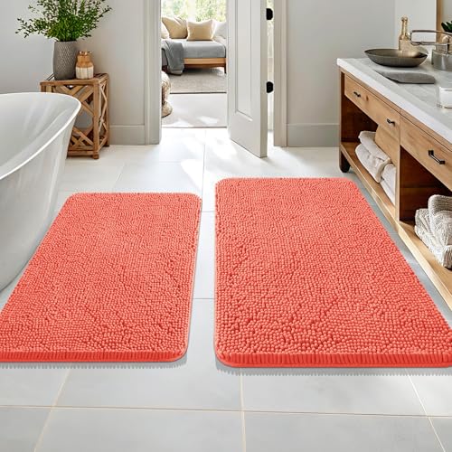 Image of OLANLY Bathroom Rugs Sets 2 Piece, Soft Absorbent Chenille Bath Mats Area Rug Set, Non-Slip, Quick Dry, Machine Washable Bath Mats for Bathroom, Home Decor Accessories (36 inchx24 inch+30 inchx20 inch, Coral)