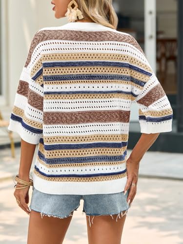 Image of Saodimallsu Womens Short Sleeve Sweaters V Neck Crochet Knit Striped Hollow Out Tops Beach Cruise Outfits