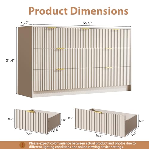 Image of MAISONARIA 56 inch Wide Fluted 7-Drawer Dresser for Bedroom, Beige