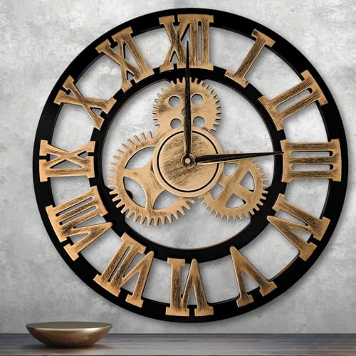 ALEENFOON 58cm Reloj de Pared Grande, Vintage Reloj Pared con Números Romanos Silencioso no Hace tictac, Relojes de Pared de Madera para Sala de Estar, Dormitorio, Oficina, Cocina (Oro, 58CM)