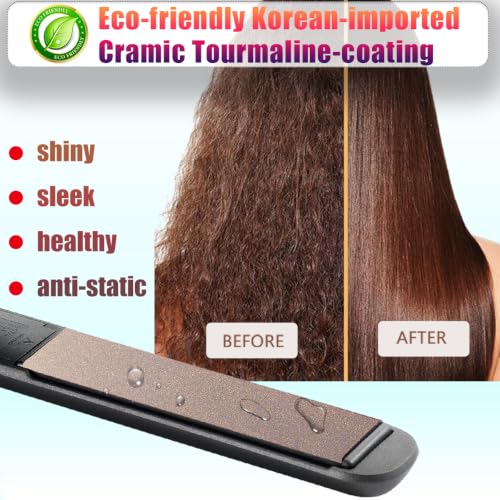 Image of NITION Ceramic Tourmaline Hair Straighteners LCD Flat Iron MCH 10s Fast Heating Up. 1 inch Smooth 3D Floating Plate Healthy Straightening Tools. Heat-Proof Glove. Dual Voltage Travel. Black