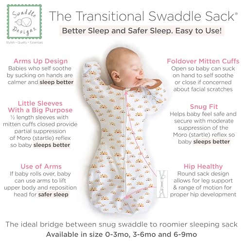 Image of SwaddleDesigns Transitional Swaddle Sack, Arms Up Half-Length Sleeves & Mitten Cuffs, Swaddle for Newborn Transition to Baby Sleep Sack Wearable Blanket, Med, 3-6 mo, 14-21 lb, Watercolor Sunny Days