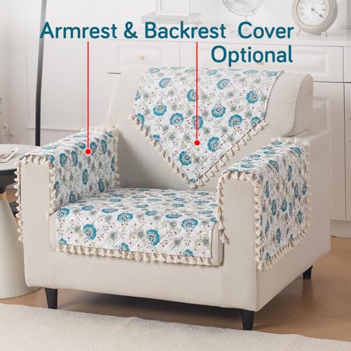 Image of HOKIPO Cerulean Bloom Quilted Sofa Cover Mat with Tassels for 1 Seater 'Tassel Twigs' Series (IN-982-T6)