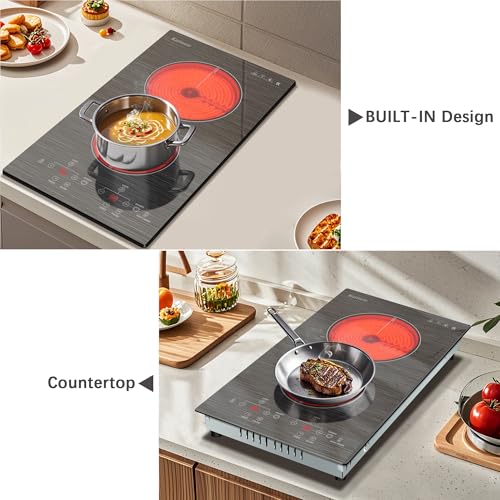 Image of Karinear 2 Burner Electric Cooktop 110V, 12 Inch Countertop & Built-in Electric Stove Top, Plug-in Ceramic Cooktop with Child Safety Lock, Timer, Pause, Smooth Glass Surface with Beautiful Pattern(A)
