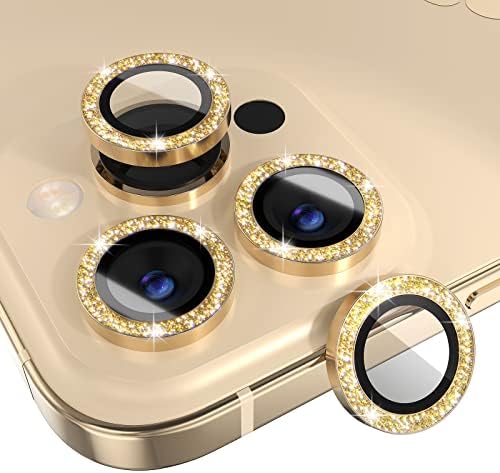 Choiche [3+1] for iPhone 14 Pro/iPhone 14 Pro Max Camera Lens Protector Bling, 9H Tempered Glass Camera Cover Screen Protector Metal Ring Decoration Accessories (Glitter-Gold)