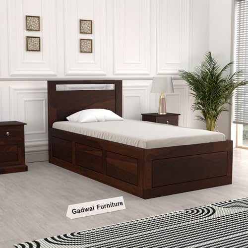 Image of Solid Sheesham Wood Bed 6X3 Single Bed with Box Storage for Bedroom - Single Cot Wooden BedSingle Size for Living Room Guest Room - 12 Month Warranty (Henry Walnut, 6X3 Box)