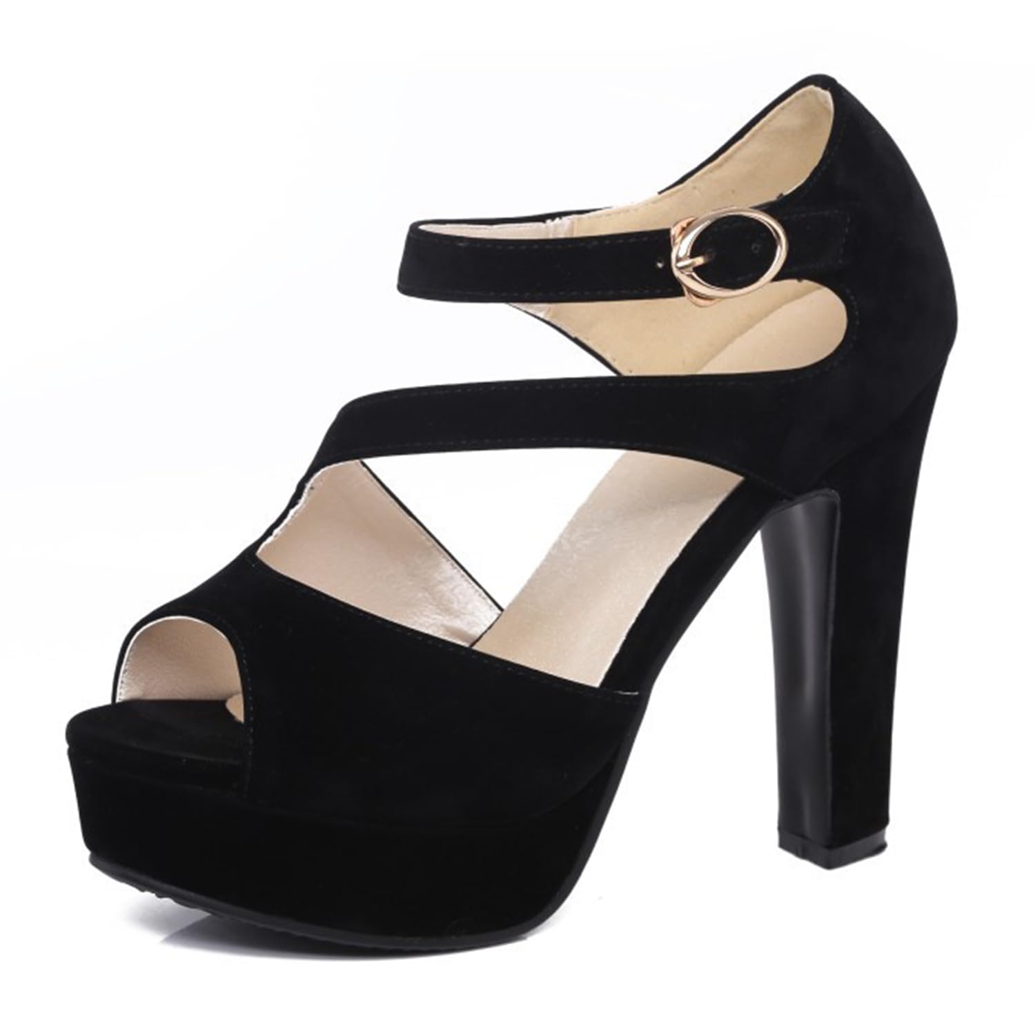 Scarpe con Tacco in camoscio per Donna Piattaforma Spessa Tacchi Alti Punta Aperta Moda Matrimonio Festa Serata Ballo Ballo Vestito con Cinturino alla Caviglia Sandali con Pompa,Nero,36