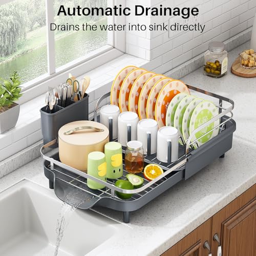 Image of SAYZH Dish Drying Rack - Expandable Dish Rack for Kitchen Counter, Rust-Resistant Dish Drainer with Utensil Holder and Raised Guardrail, Kitchen Organizer for Cup and Bottle (Grey)