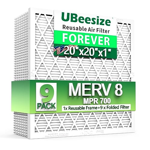 Ubeesize Reusable Air Filter 20X20X1 (9-Pack), Merv 8 Mpr 700 Ac/Hvac Furnace Filters,Deep Pleated Air Cleaner, (Actual Size 19.5" X 19.5" X 0.8"),1X Reusable Abs Frame+9 X Filter,Breathe Fresher #TOP7