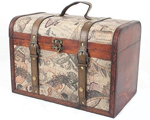 Luxury Vintage Style Wooden Storage Trunk Box with Globe design, Approx dimensions 39x27x23 cm - Gift idea for Christmas, Birthday, Toy Box, Blanket Box, Ottoman